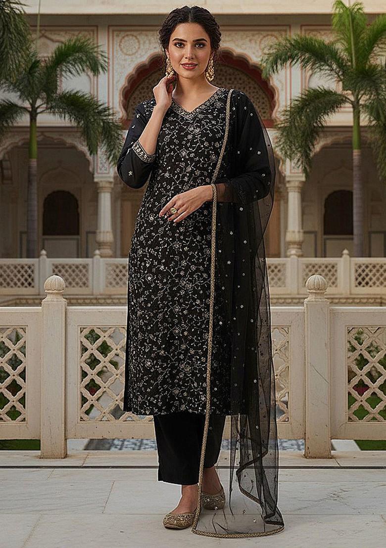 Black Embroidered Poly Blended Kurta Sets - Indya