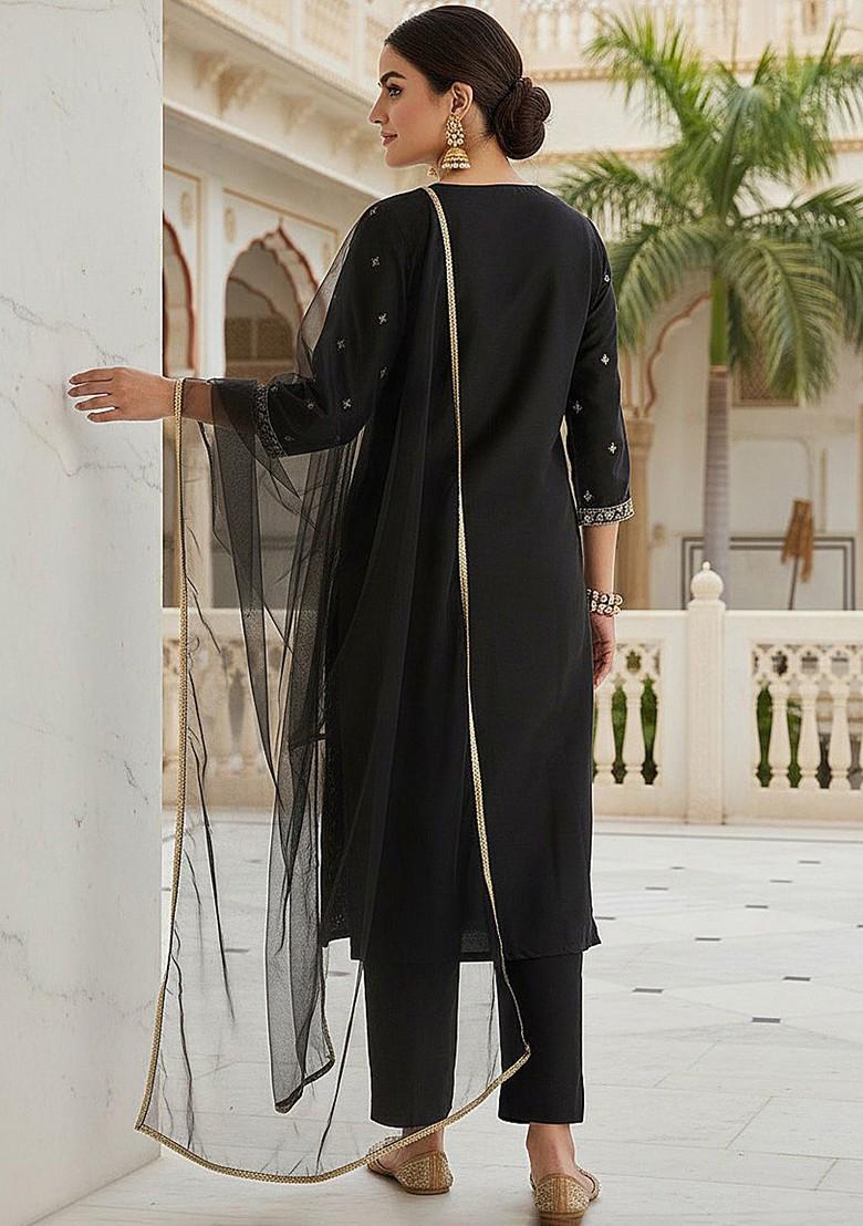 Black Embroidered Poly Blended Kurta Sets - Indya