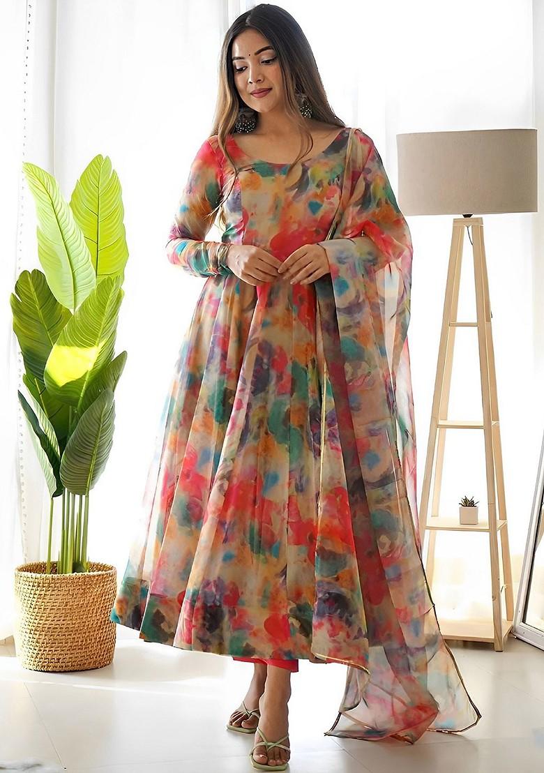 Peach Embroidered Poly Blended Kurta Sets