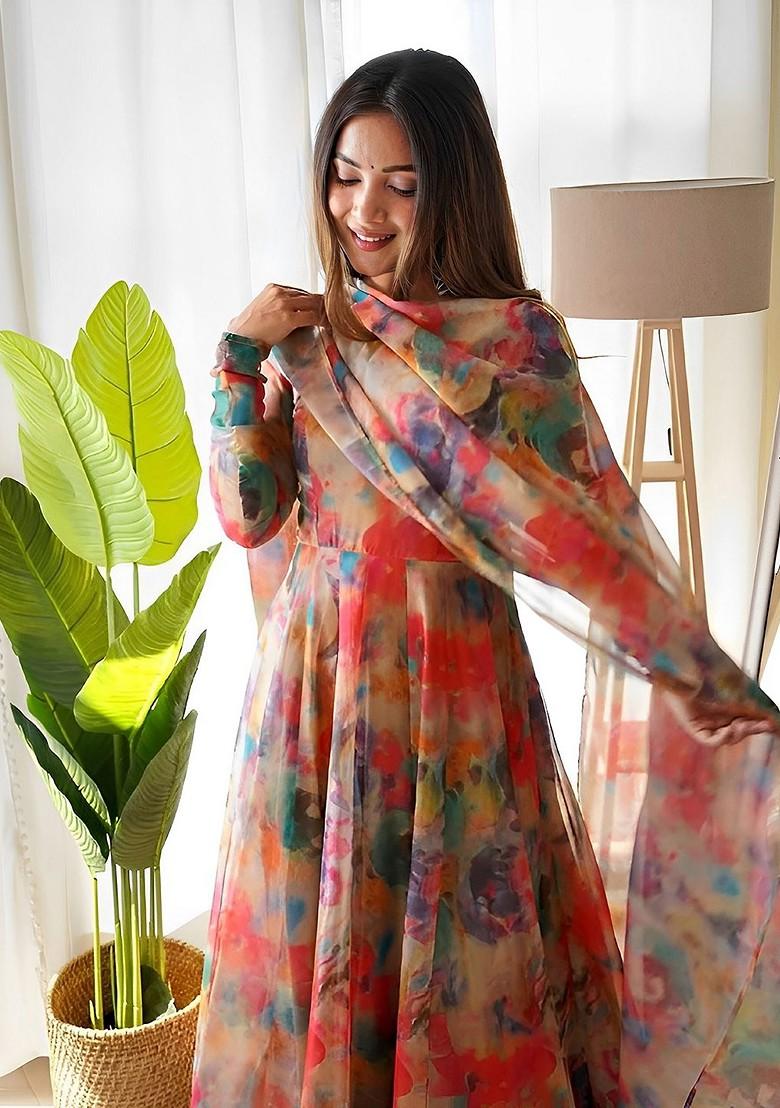 Peach Embroidered Poly Blended Kurta Sets