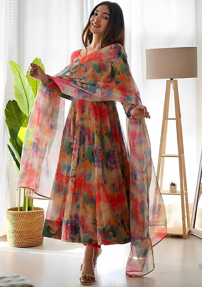 Peach Embroidered Poly Blended Kurta Sets