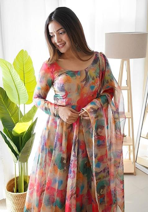 Peach Embroidered Poly Blended Kurta Sets