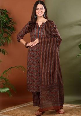 Brown Embroidered Poly Blended Kurta Sets