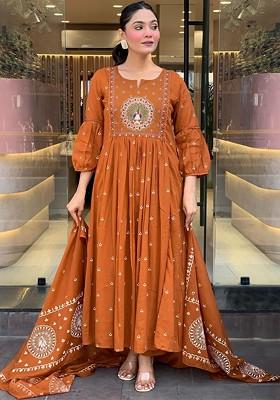Rust Embroidered Poly Blended Kurta Sets