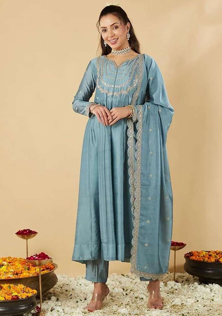Grey Embroidered Poly Blended Kurta Sets - Indya