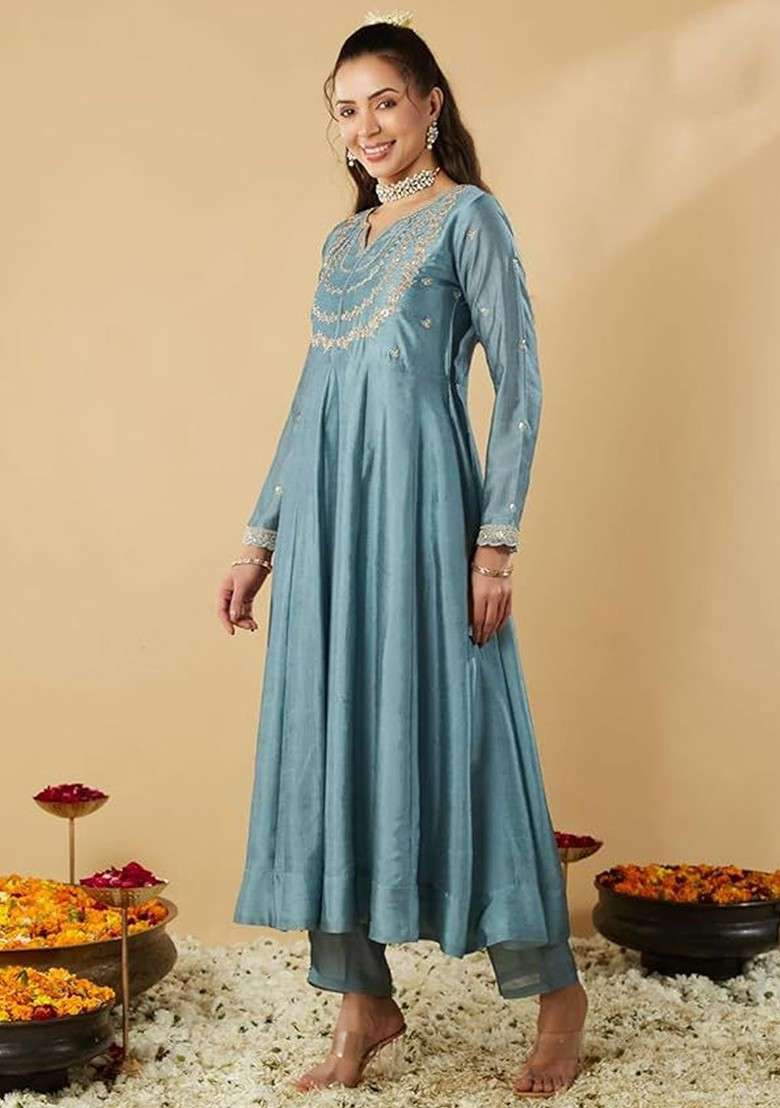 Grey Embroidered Poly Blended Kurta Sets - Indya