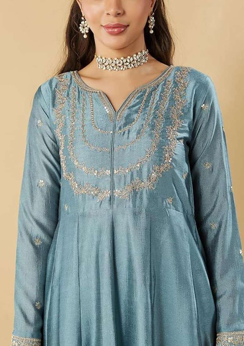 Grey Embroidered Poly Blended Kurta Sets - Indya