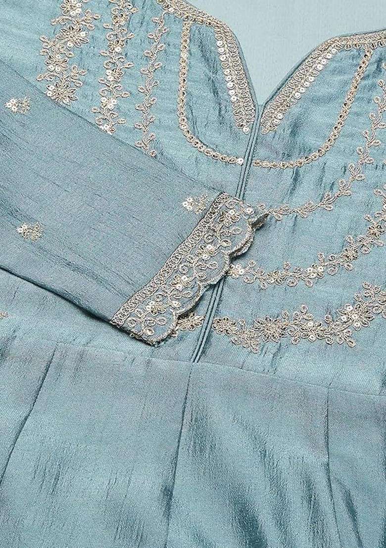 Grey Embroidered Poly Blended Kurta Sets - Indya