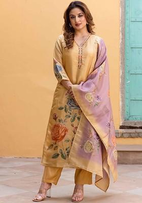 Gold Embroidered Poly Blended Kurta Sets