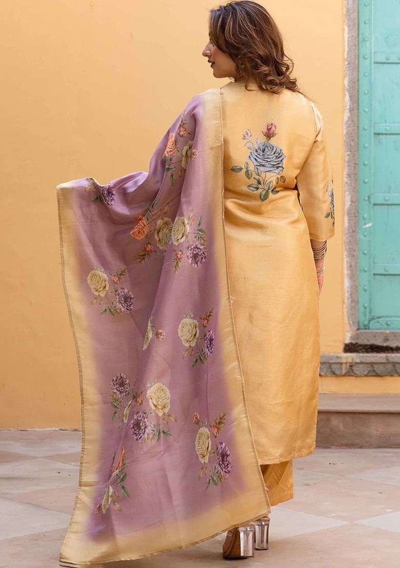 Gold Embroidered Poly Blended Kurta Sets - Indya