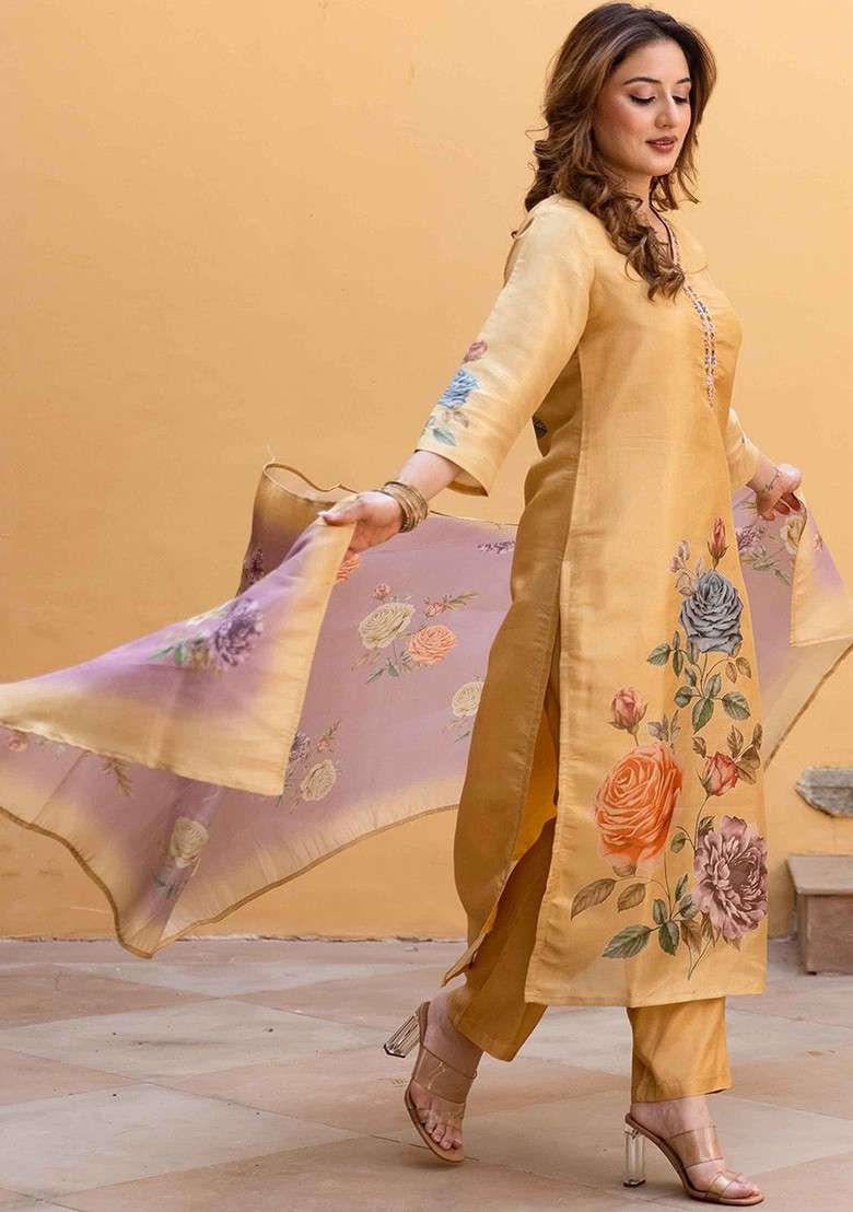 Gold Embroidered Poly Blended Kurta Sets - Indya