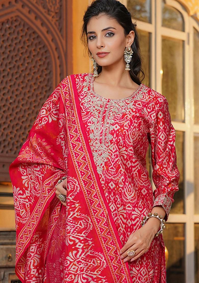 Red Embroidered Poly Blended Kurta Sets