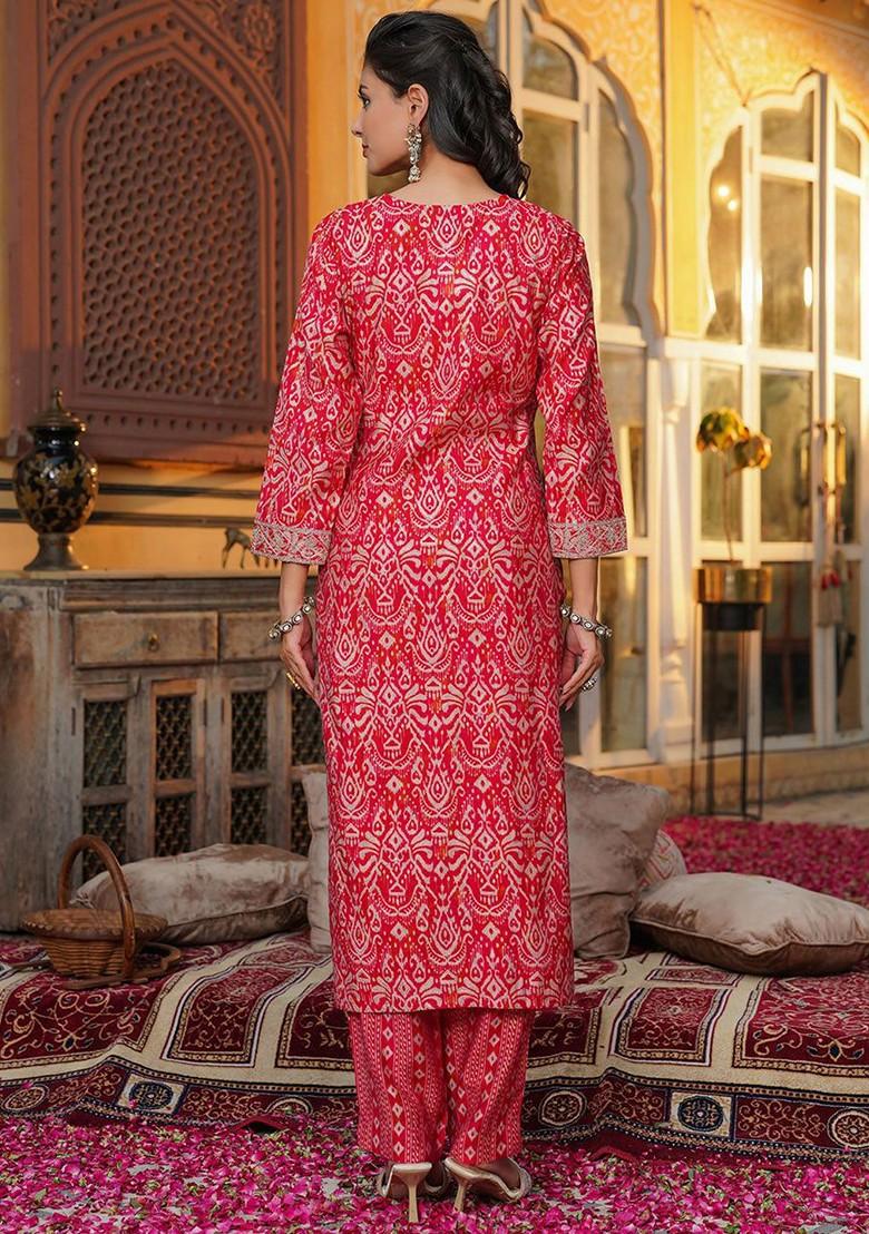 Red Embroidered Poly Blended Kurta Sets