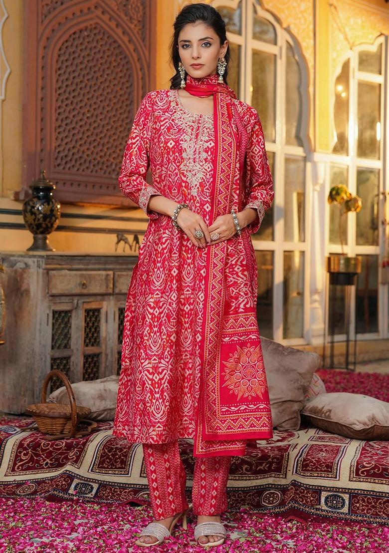 Red Embroidered Poly Blended Kurta Sets