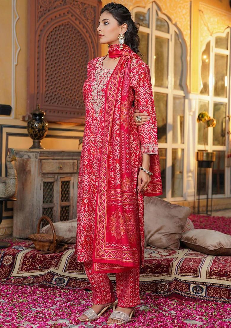 Red Embroidered Poly Blended Kurta Sets