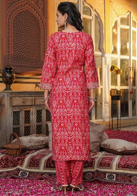 Red Embroidered Poly Blended Kurta Sets