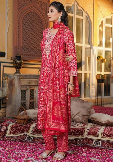 Red Embroidered Poly Blended Kurta Sets