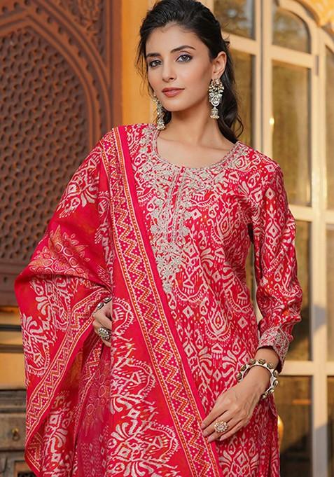 Red Embroidered Poly Blended Kurta Sets