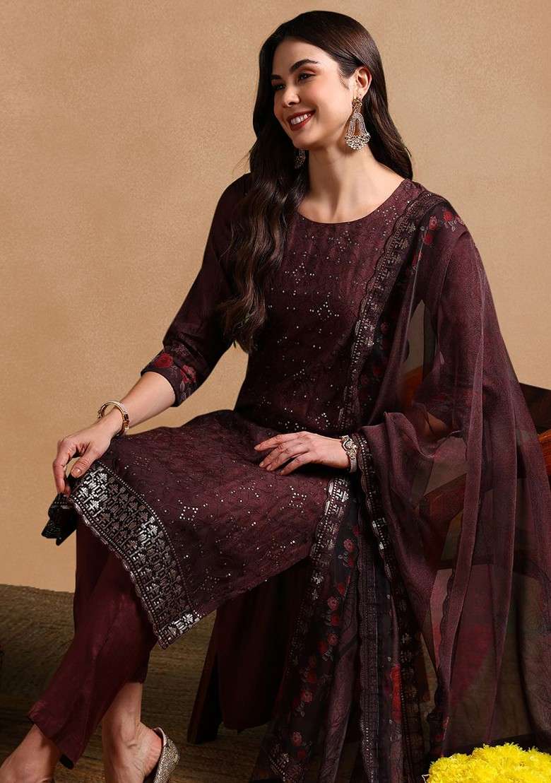 Brown Embroidered Poly Blended Kurta Sets - Indya