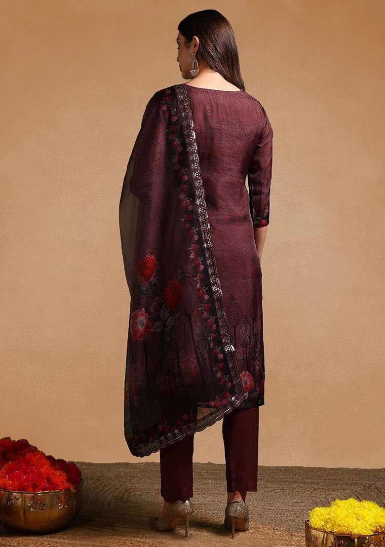 Brown Embroidered Poly Blended Kurta Sets - Indya