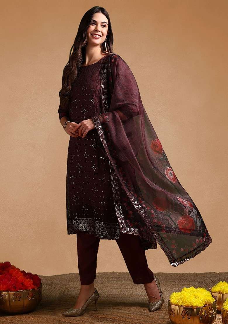 Brown Embroidered Poly Blended Kurta Sets - Indya