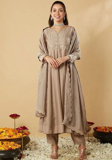 Brown Embroidered Poly Blended Kurta Sets
