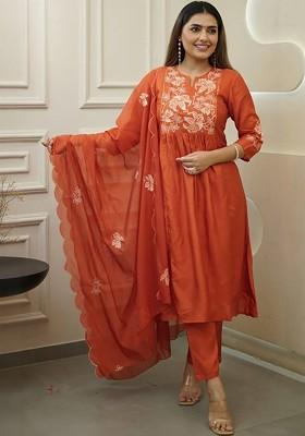 Rust Embroidered Poly Blended Kurta Sets