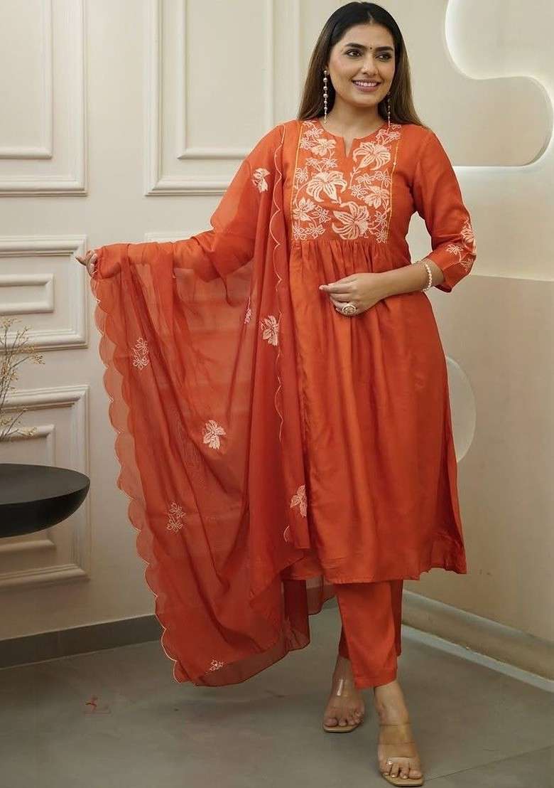 Rust Embroidered Poly Blended Kurta Sets - Indya