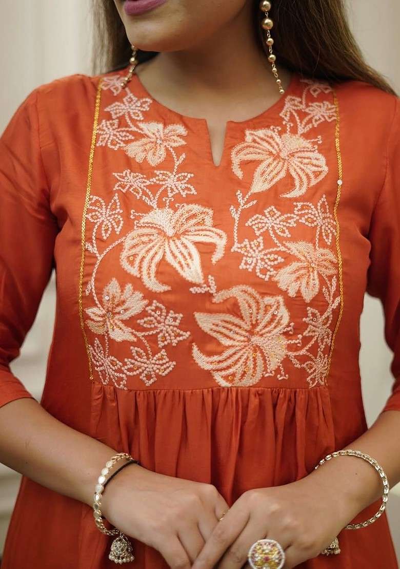 Rust Embroidered Poly Blended Kurta Sets - Indya