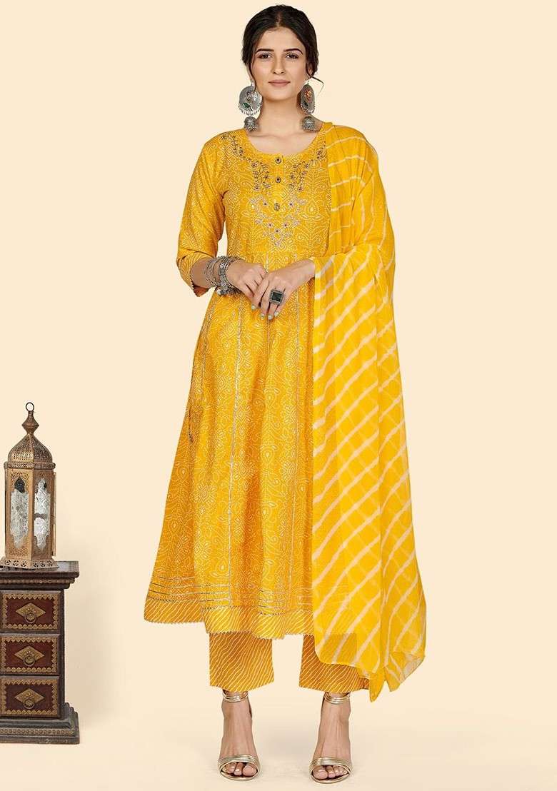 Yellow Embroidered Poly Blended Kurta Sets - Indya