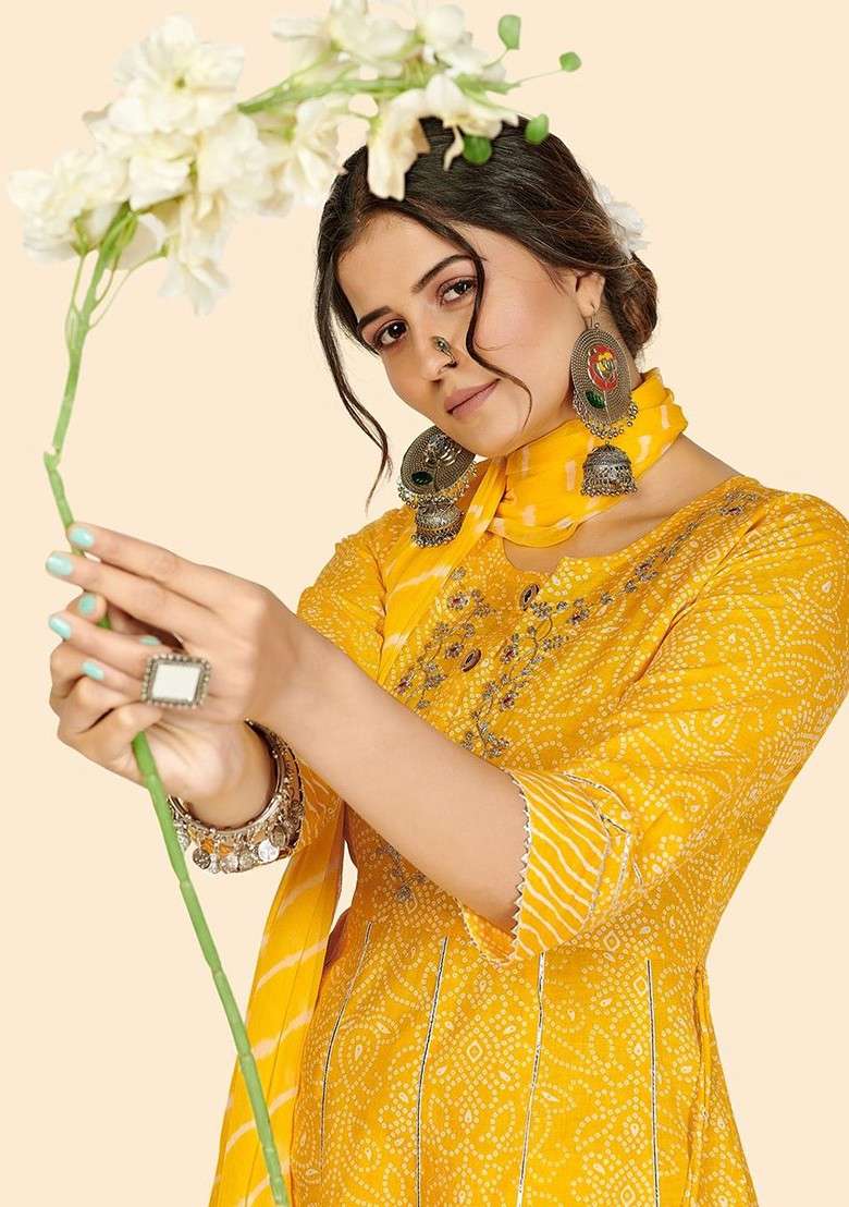 Yellow Embroidered Poly Blended Kurta Sets - Indya