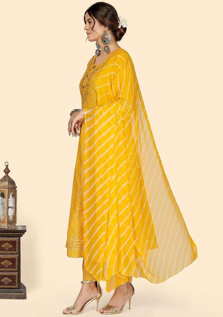 Yellow Embroidered Poly Blended Kurta Sets - Indya