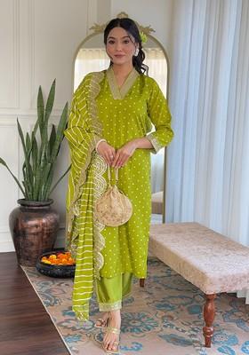 Lime Green Embroidered Poly Blended Kurta Sets