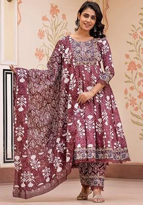 Brown Embroidered Poly Blended Kurta Sets