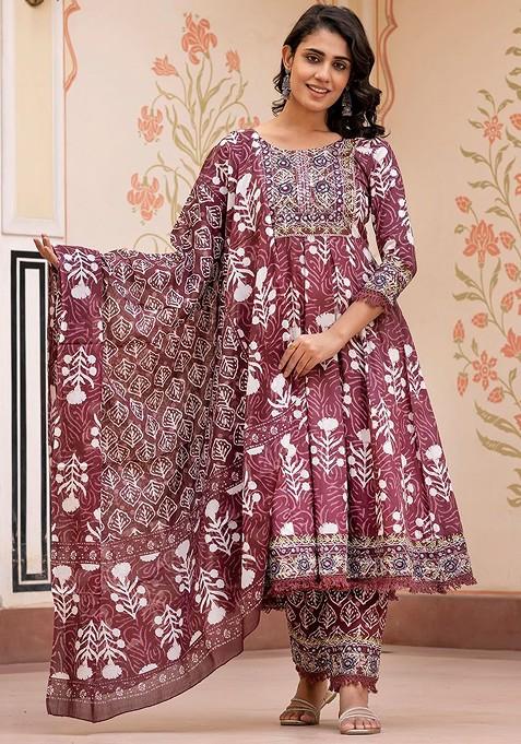 Brown Embroidered Poly Blended Kurta Sets