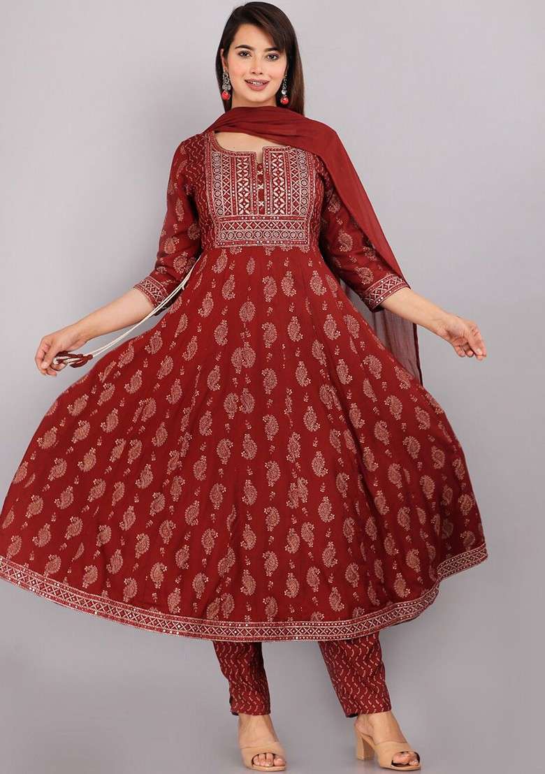 Maroon Embroidered Poly Blended Kurta Sets - Indya