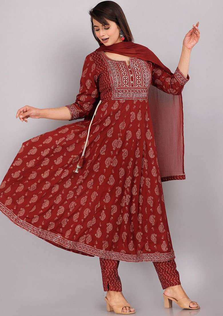 Maroon Embroidered Poly Blended Kurta Sets - Indya