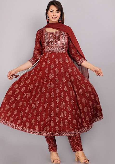 Maroon Embroidered Poly Blended Kurta Sets