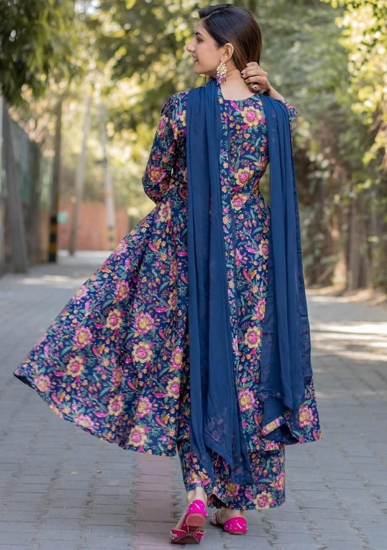 Navy Blue Embroidered Poly Blended Kurta Sets - Indya