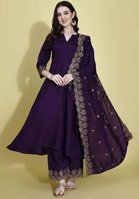 Violet Embroidered Poly Blended Kurta Sets