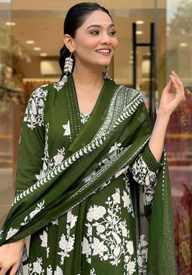Olive Embroidered Poly Blended Kurta Sets