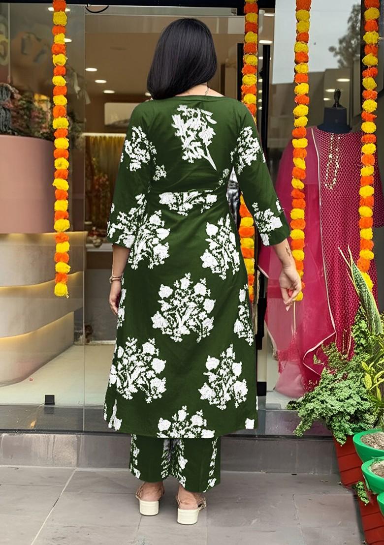 Olive Embroidered Poly Blended Kurta Sets - Indya