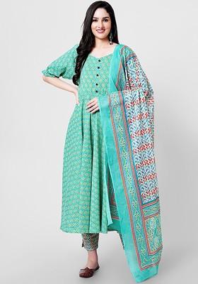 Sea Green Embroidered Poly Blended Kurta Sets