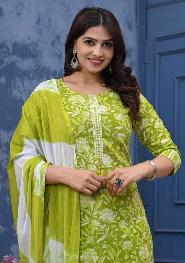 Green Embroidered Poly Blended Kurta Sets - Indya