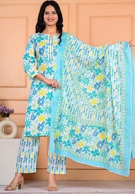 Turquoise Blue Embroidered Poly Blended Kurta Sets