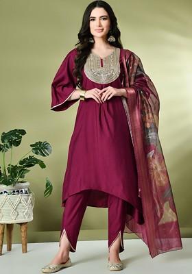 Magenta Embroidered Poly Blended Kurta Sets