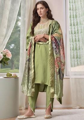 Olive Embroidered Poly Blended Kurta Sets