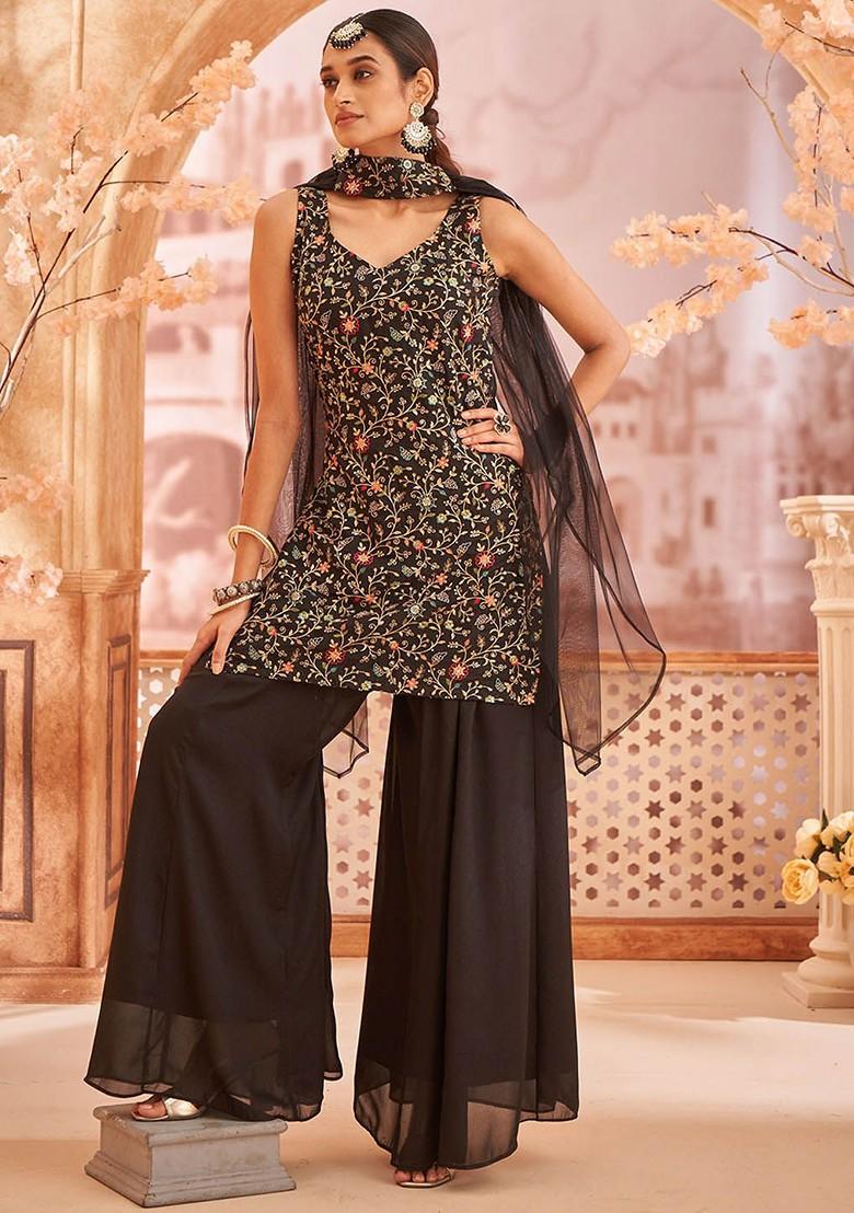 Black Embroidered Poly Blended Kurta Sets - Indya