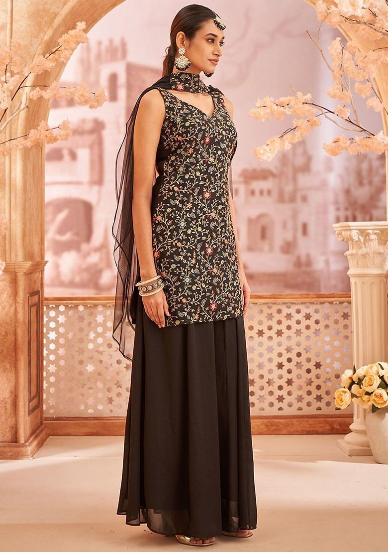 Black Embroidered Poly Blended Kurta Sets - Indya