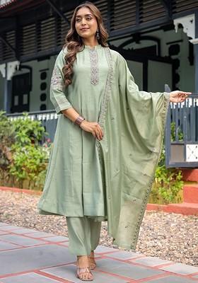 Olive Embroidered Poly Blended Kurta Sets